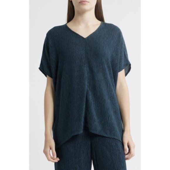 Eileen Fisher Tops - EILEEN FISHER V-Neck Boxy Plisse Tunic Top Green Tencel Lagenlook Minimalist